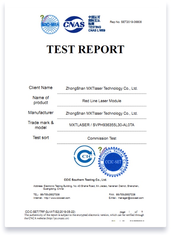 Certificate Of Red Line Laser Module