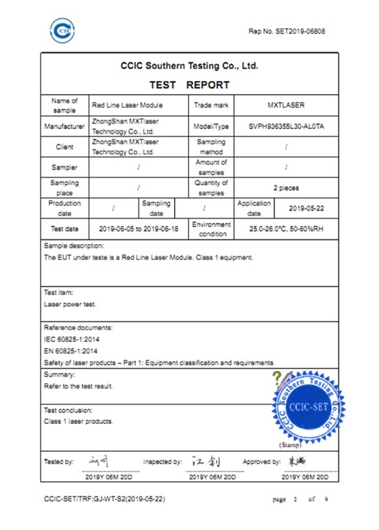 Certificate Of Red Line Laser Module